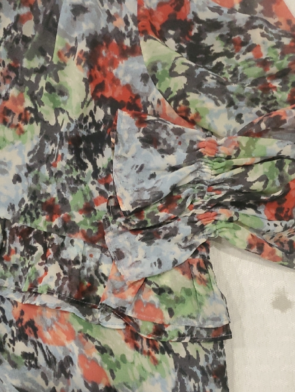 cinq a sept Floral Abstract V-Neck Ruffle Long Sleeve Top - Coral, Green, Gray - Picture 13 of 16